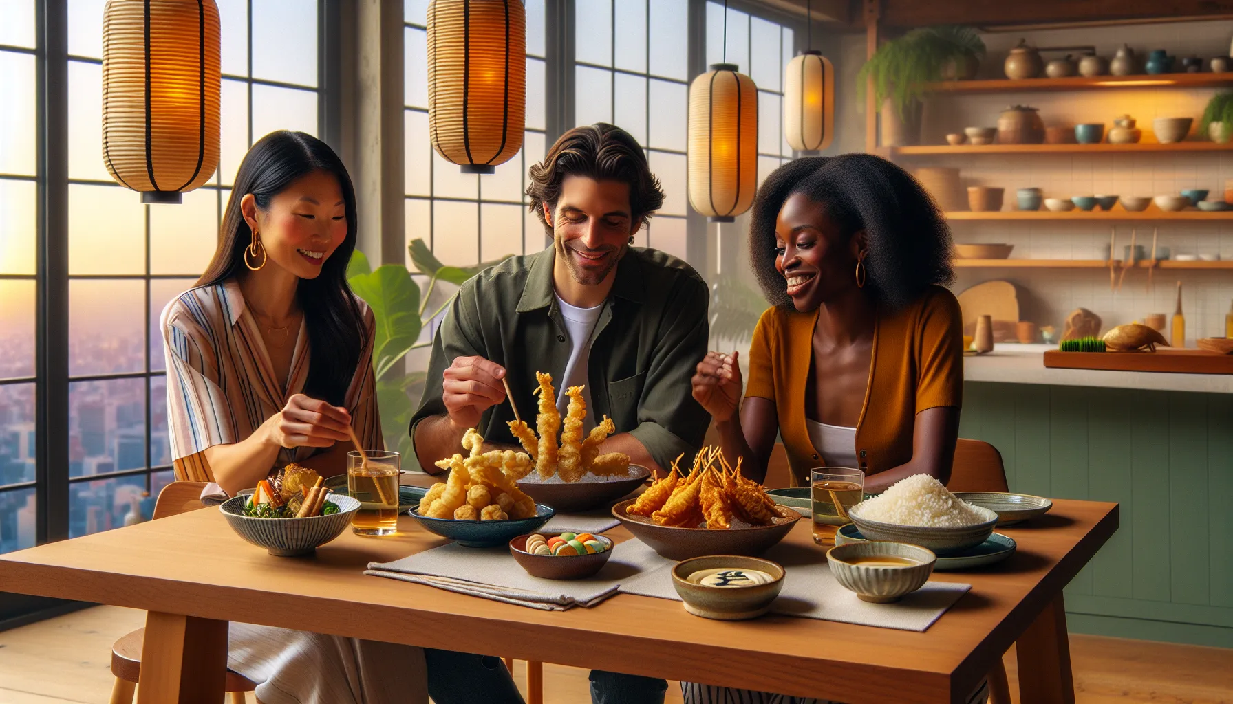 Diverse group enjoying traditional Japanese snacks in a modern kitchen.