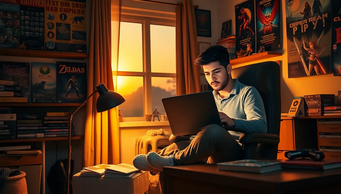 a young writer focused on his laptop in a cozy gaming room.