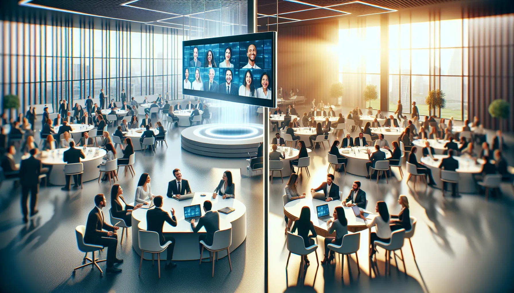 professionals networking at a conference and a virtual meeting setup.