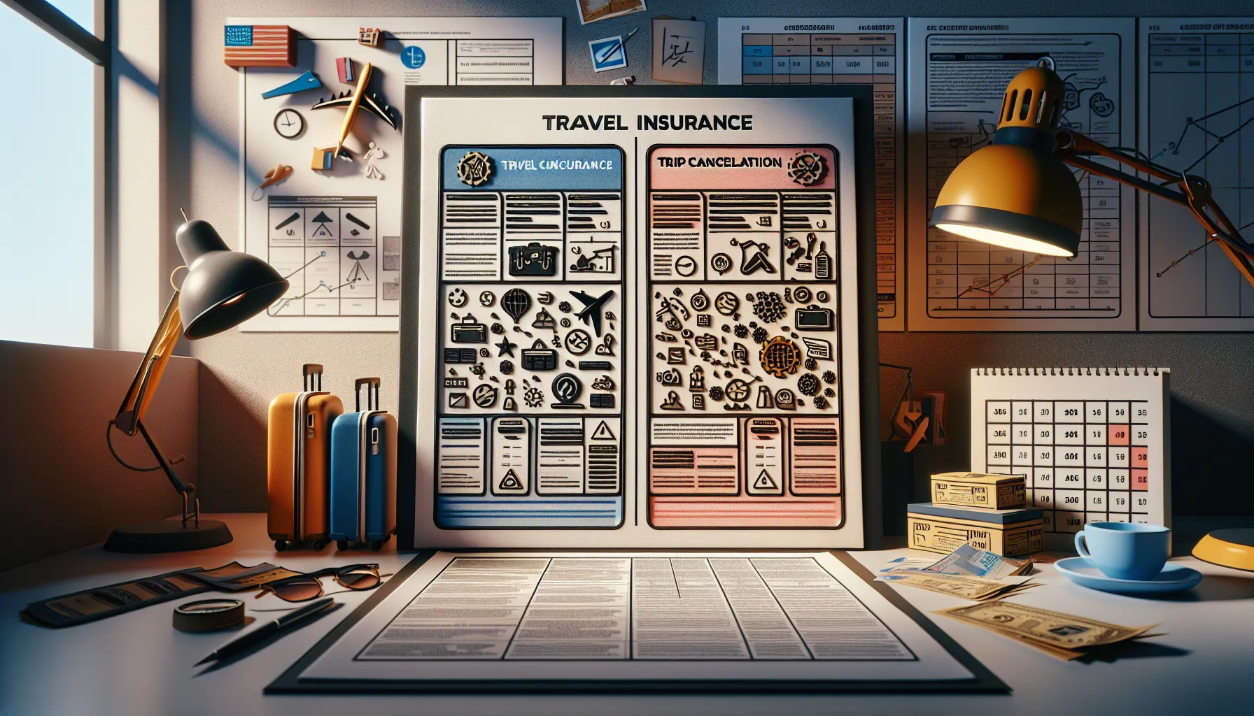 Comparison of travel insurance and trip cancellation insurance documents in a professional workspace.