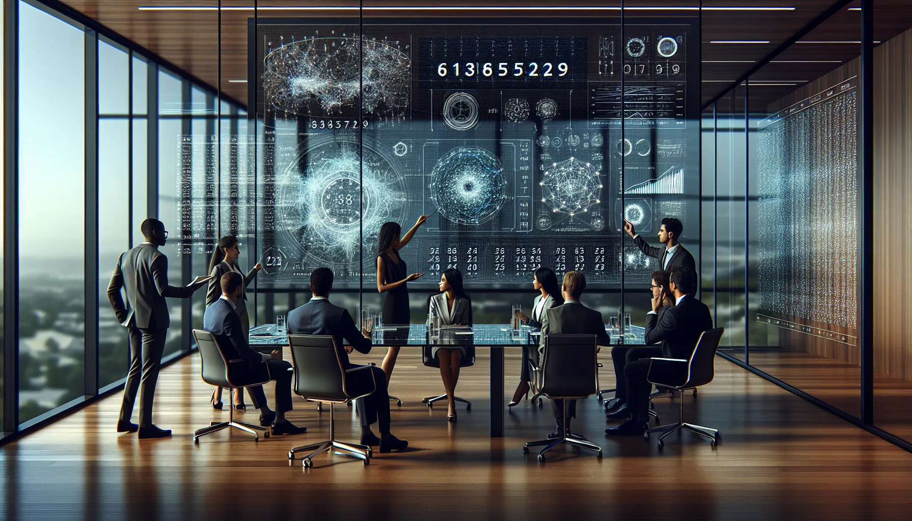 diverse team analyzing numerical patterns in a modern office.