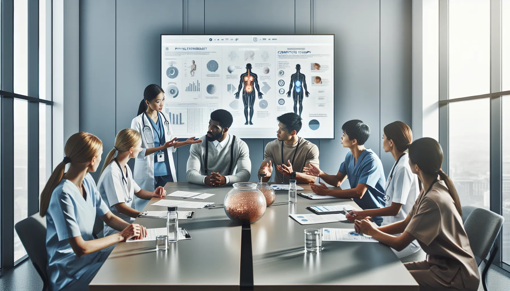 diverse healthcare professionals discussing trattsjuka treatment options.