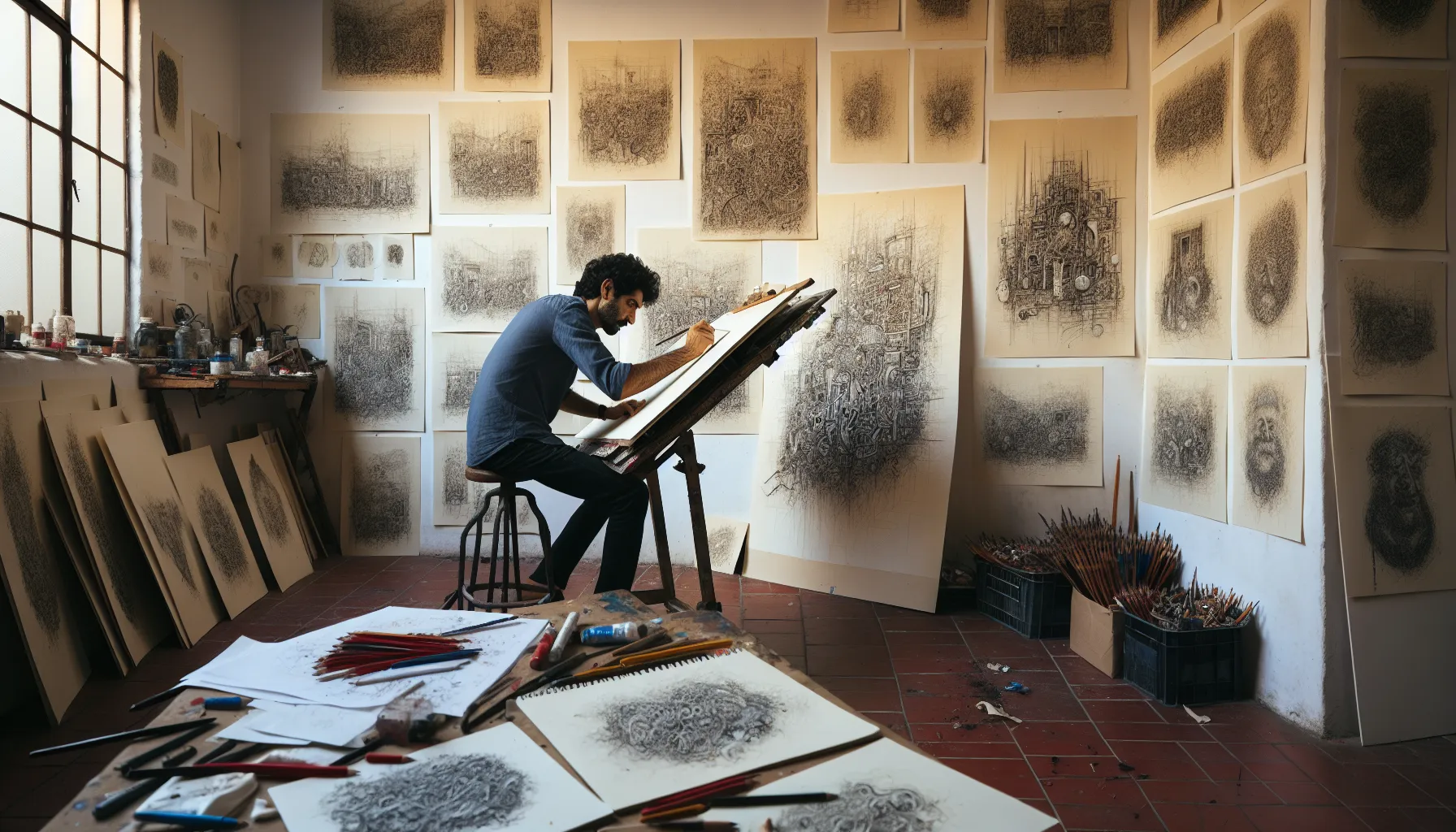 An artist drawing in a studio with sketch samples and tools visible.