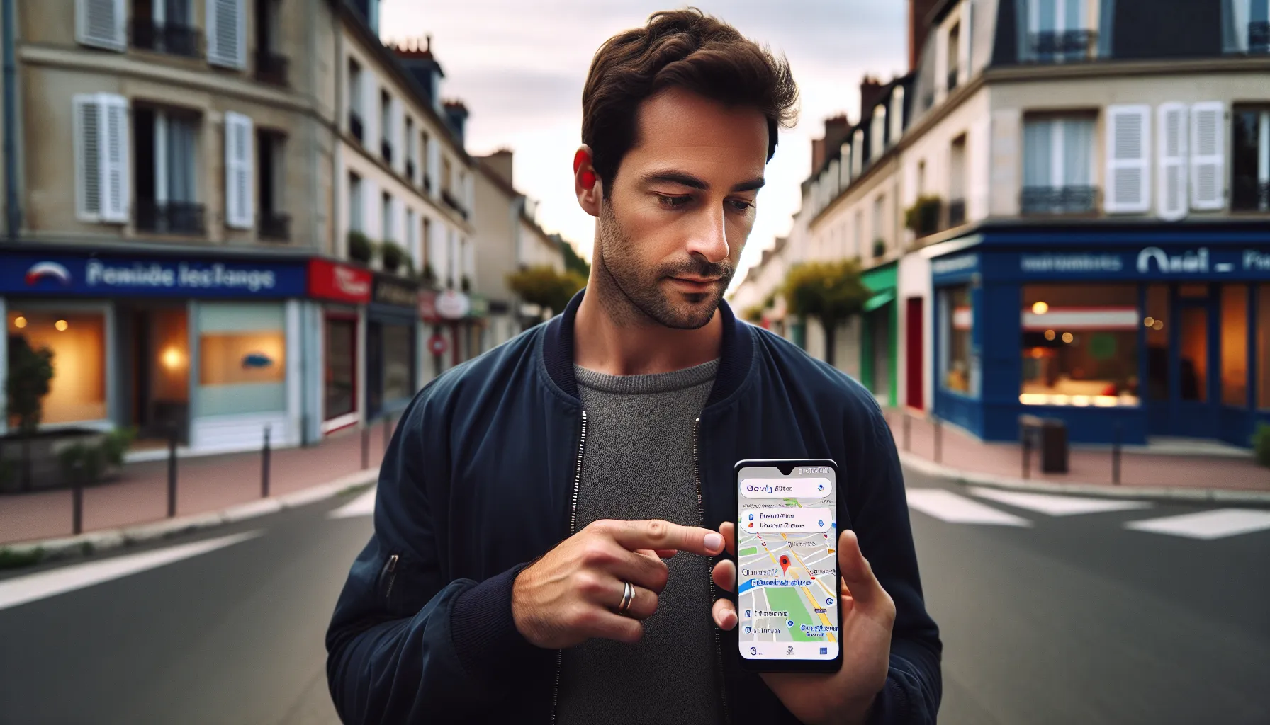 Man in Chennevières-sur-Marne checking local Google service results on his phone.