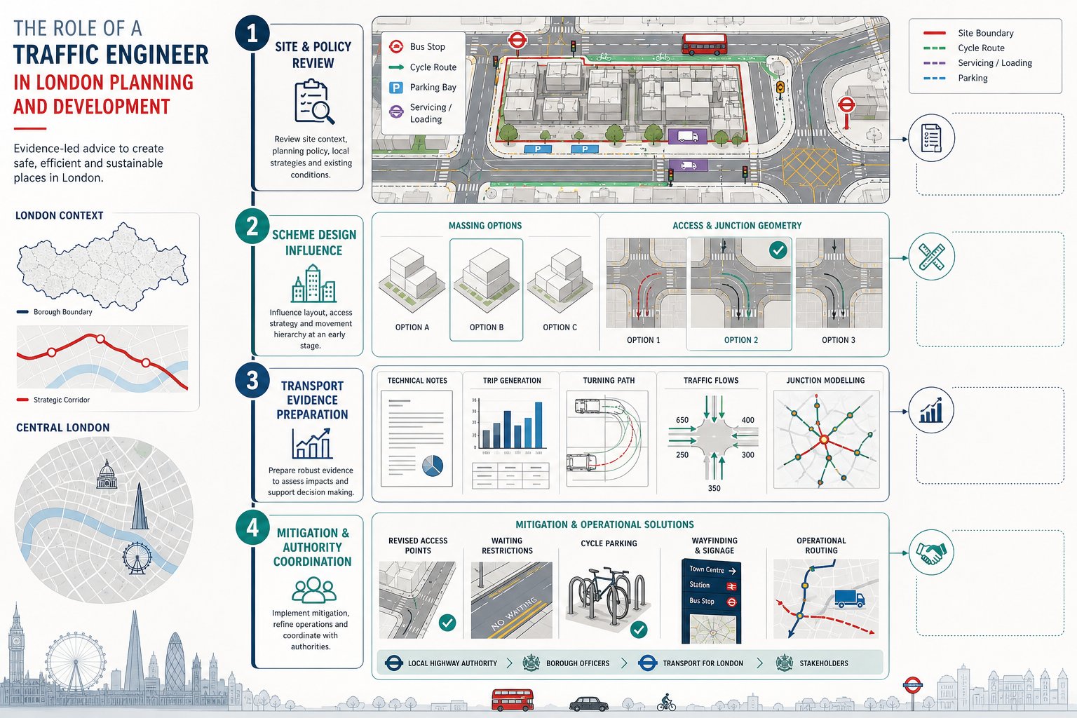Infographic of a traffic engineer’s role in London planning and development.