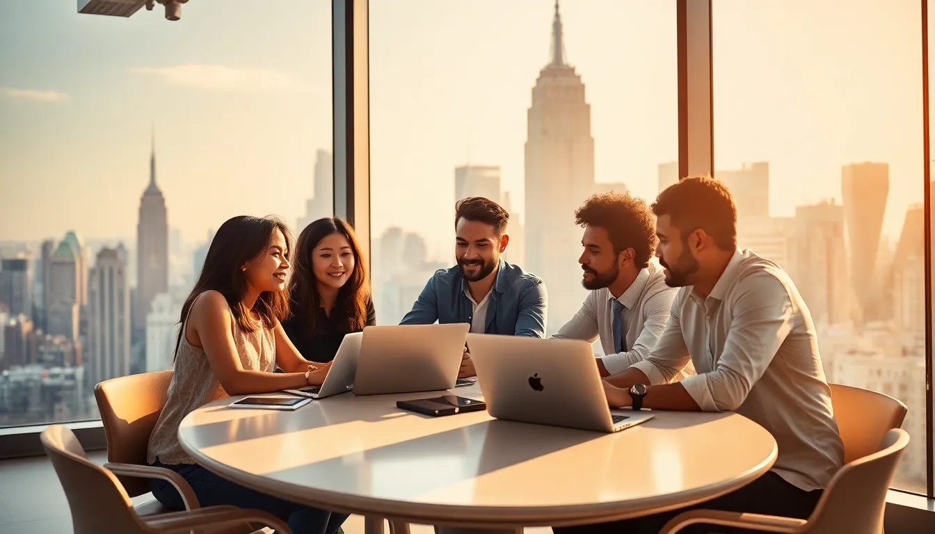 diverse team working in a modern office with a city view.