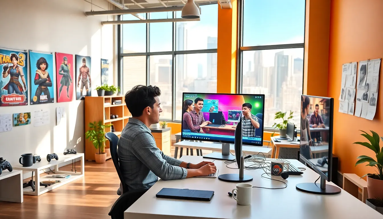 team of game designers collaborating in a vibrant studio office.