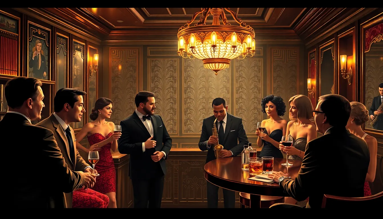 diverse group enjoying cocktails in a 1920s speakeasy.