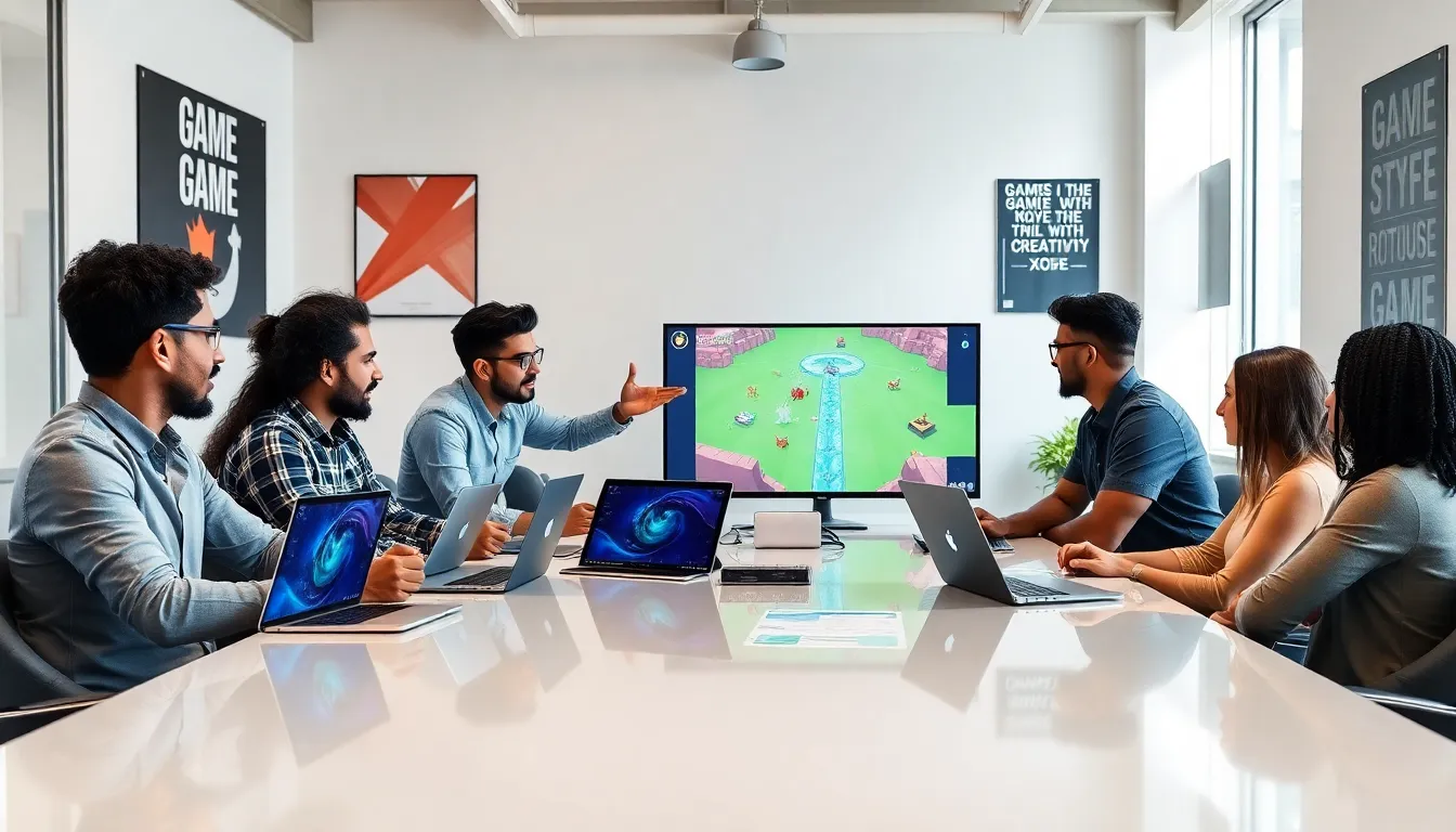 diverse team collaborating on iOS game development in a modern office.