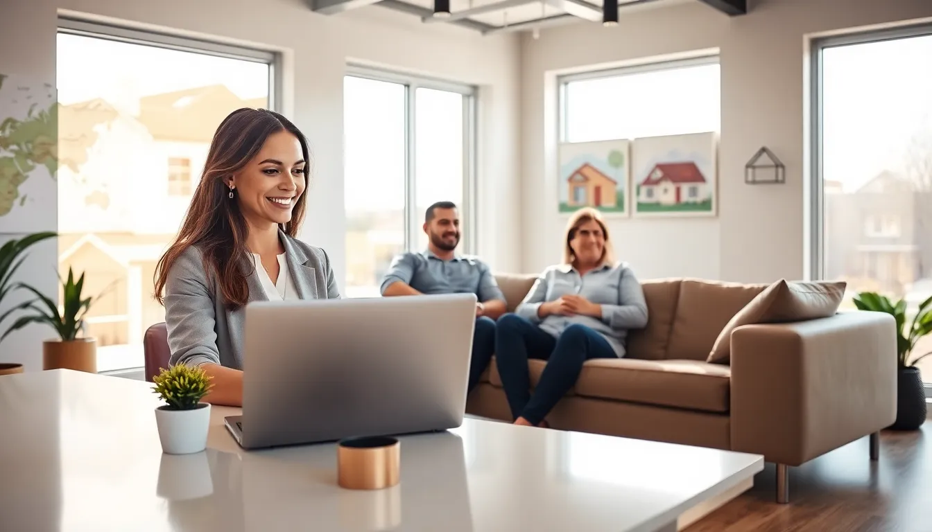 a friendly real estate agent discussing with clients in a modern office.