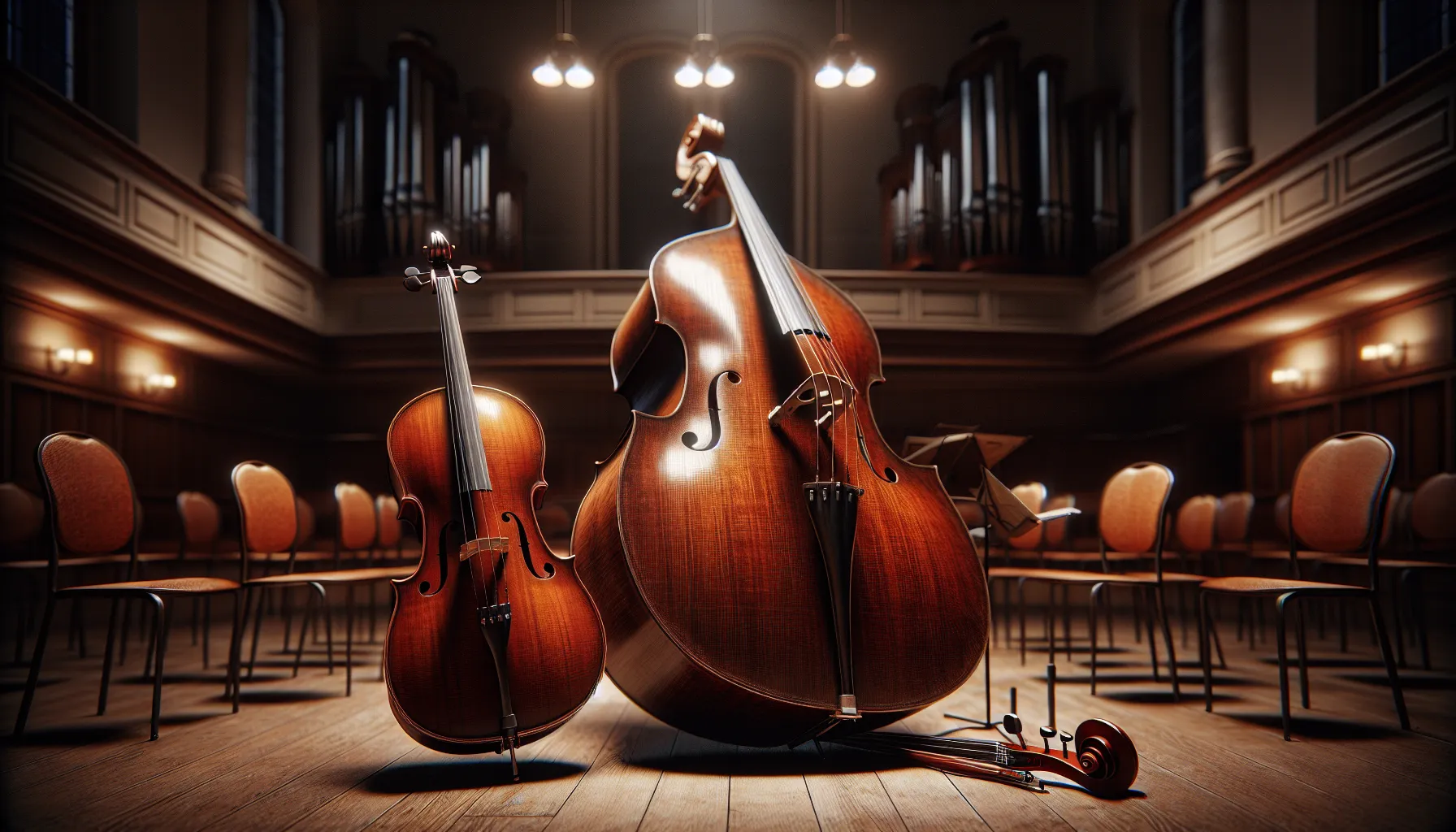 A cello and a double bass displayed side by side in a rehearsal room.