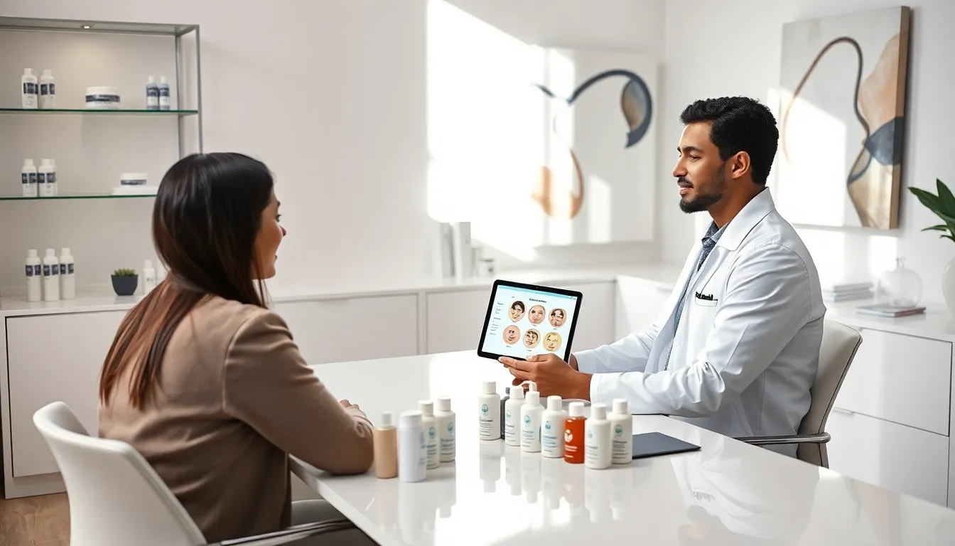 dermatologist explaining skin types with skin care products in modern office.