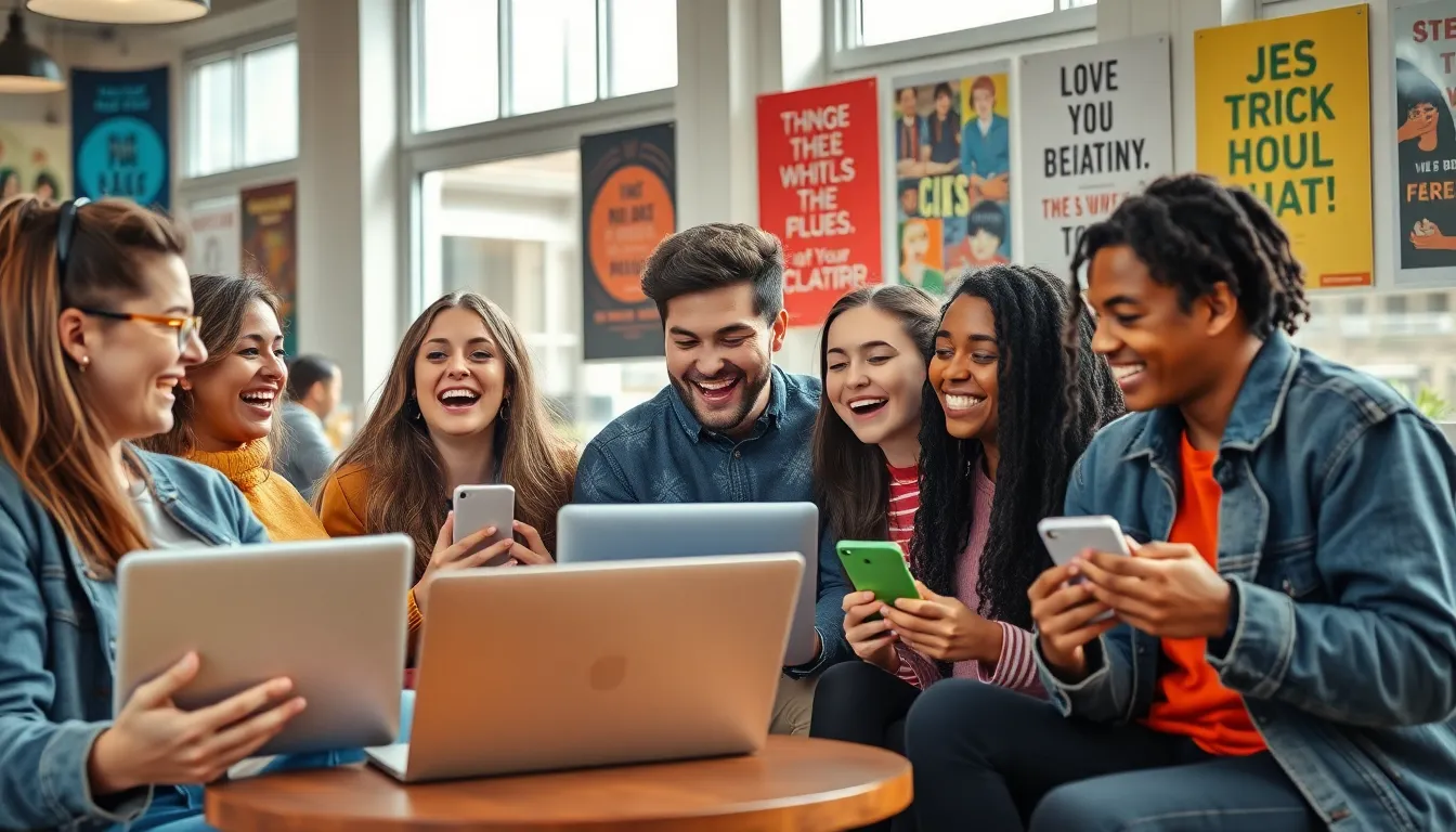 group of friends enjoying laughter and memes in a lively cafe.