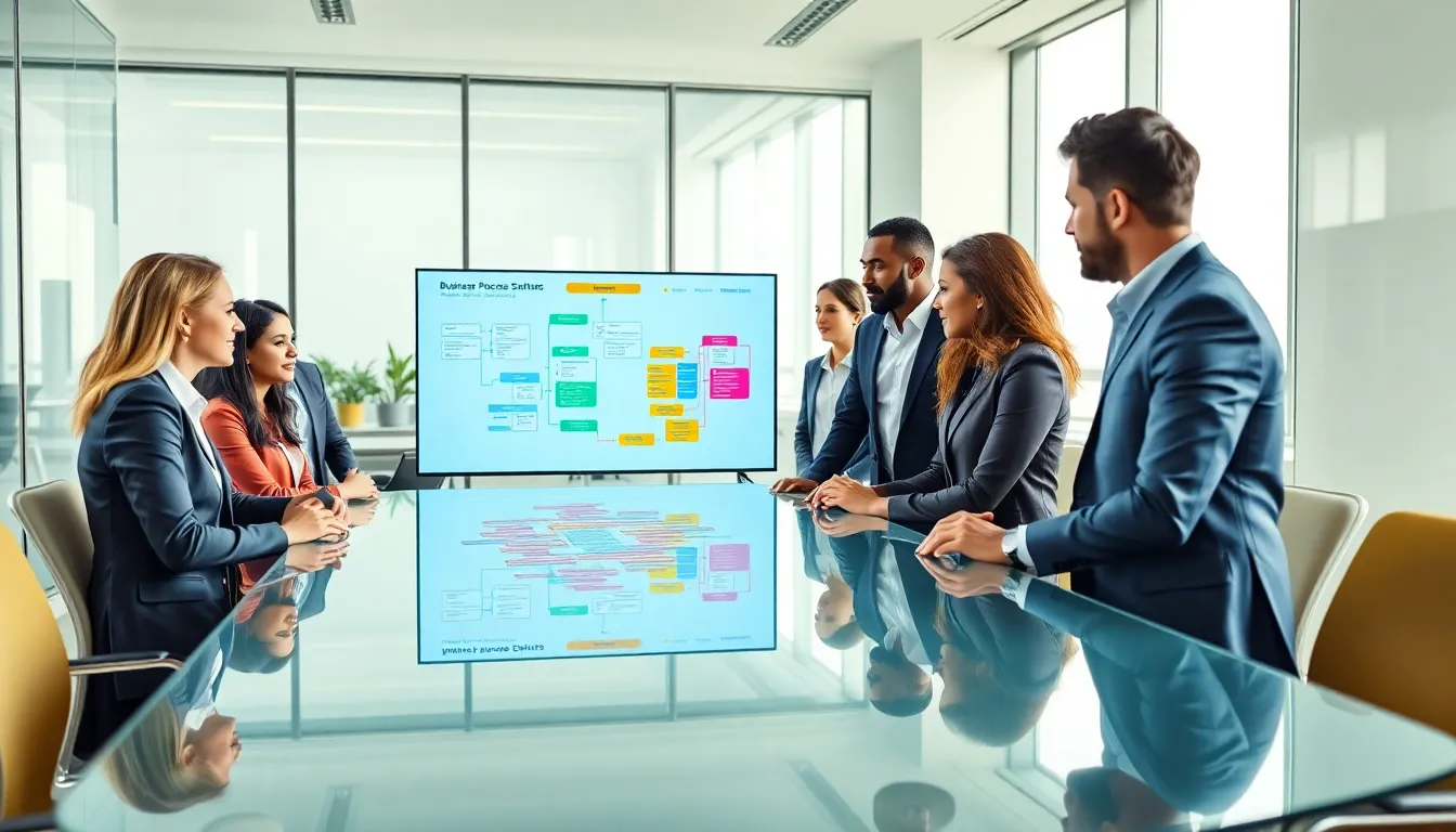 professionals collaborating over a business process flowchart in a modern office.