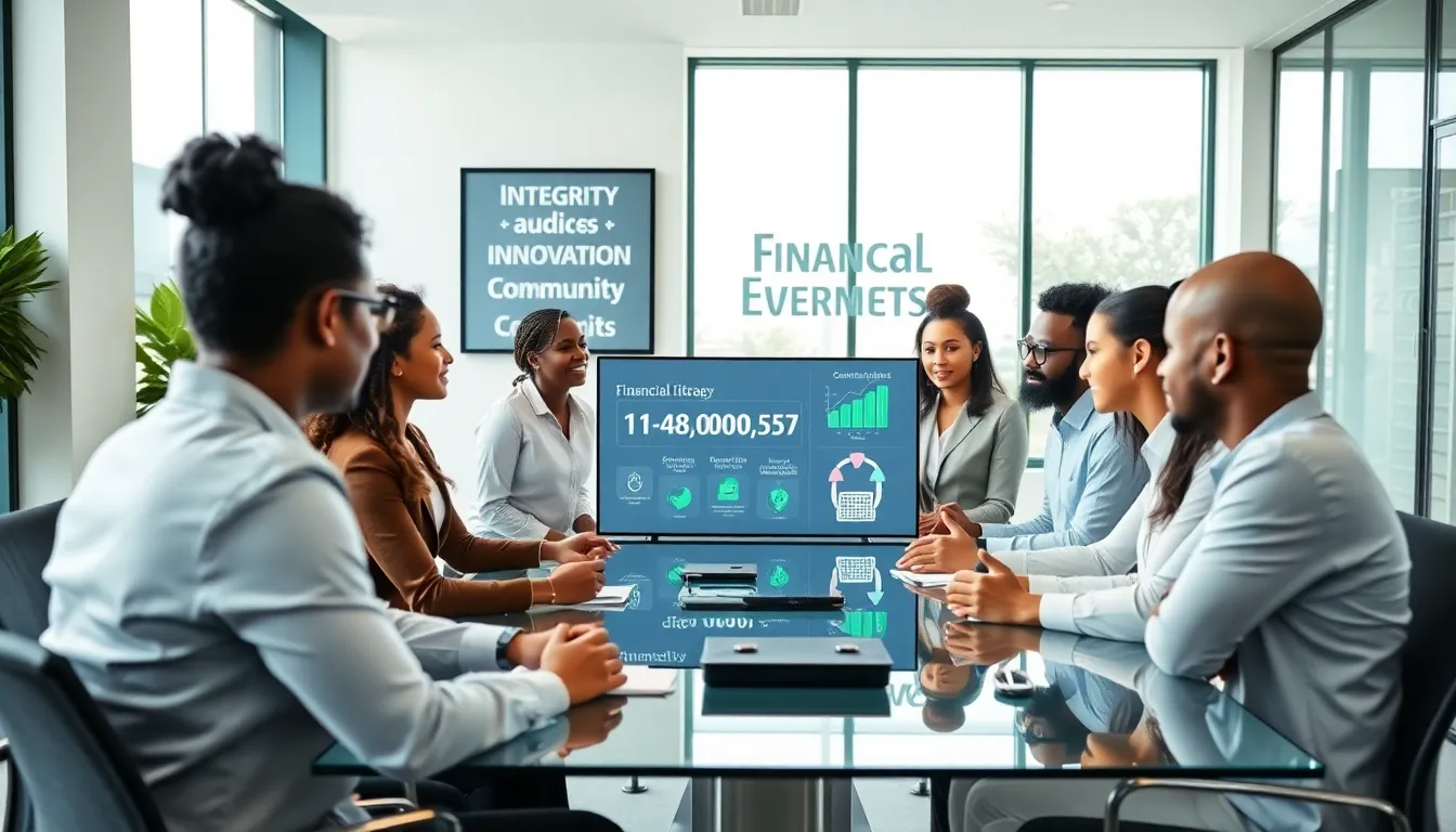 diverse team in a modern office discussing financial literacy concepts.