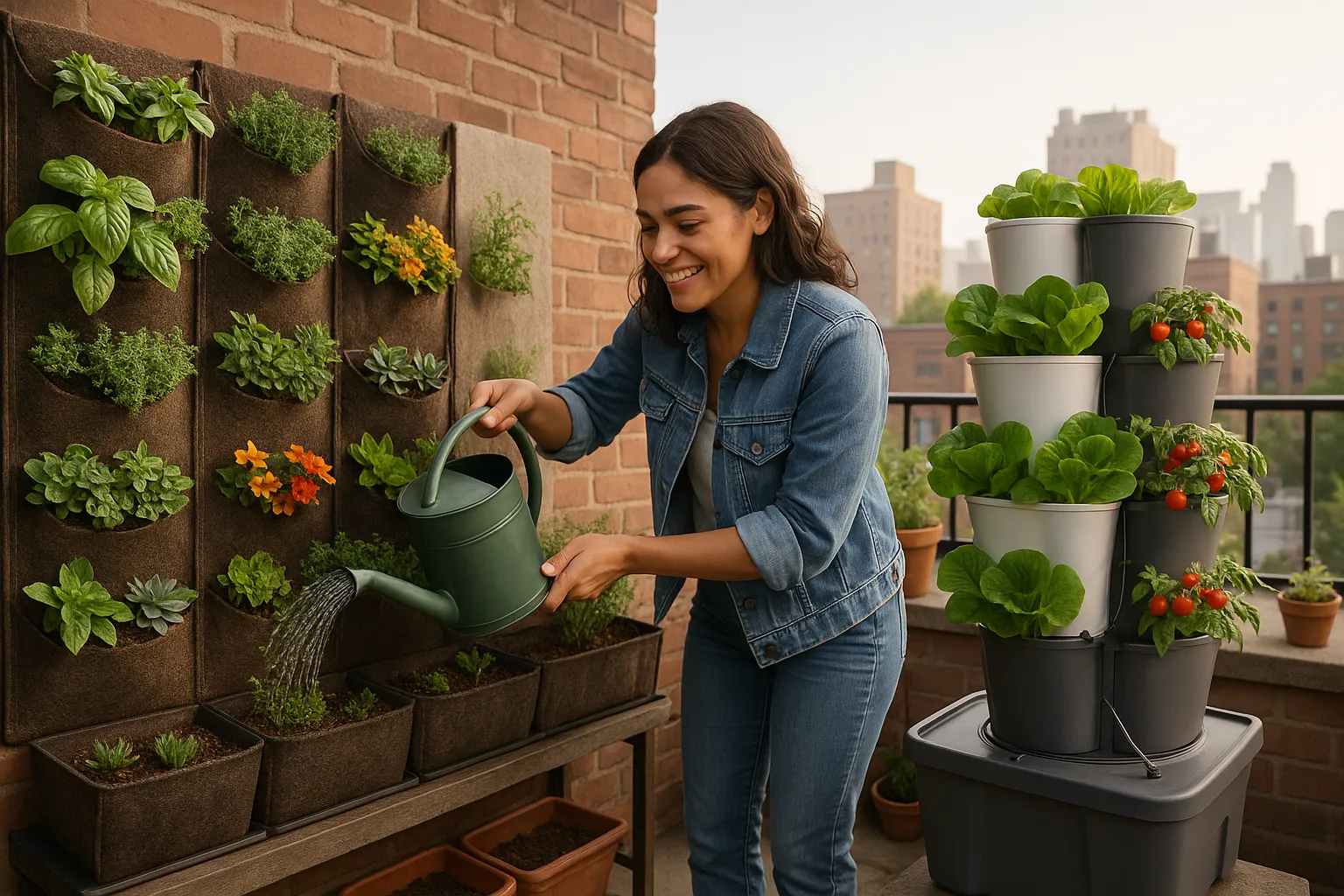 Gardener watering fabric pocket wall beside plastic tower garden on urban balcony.