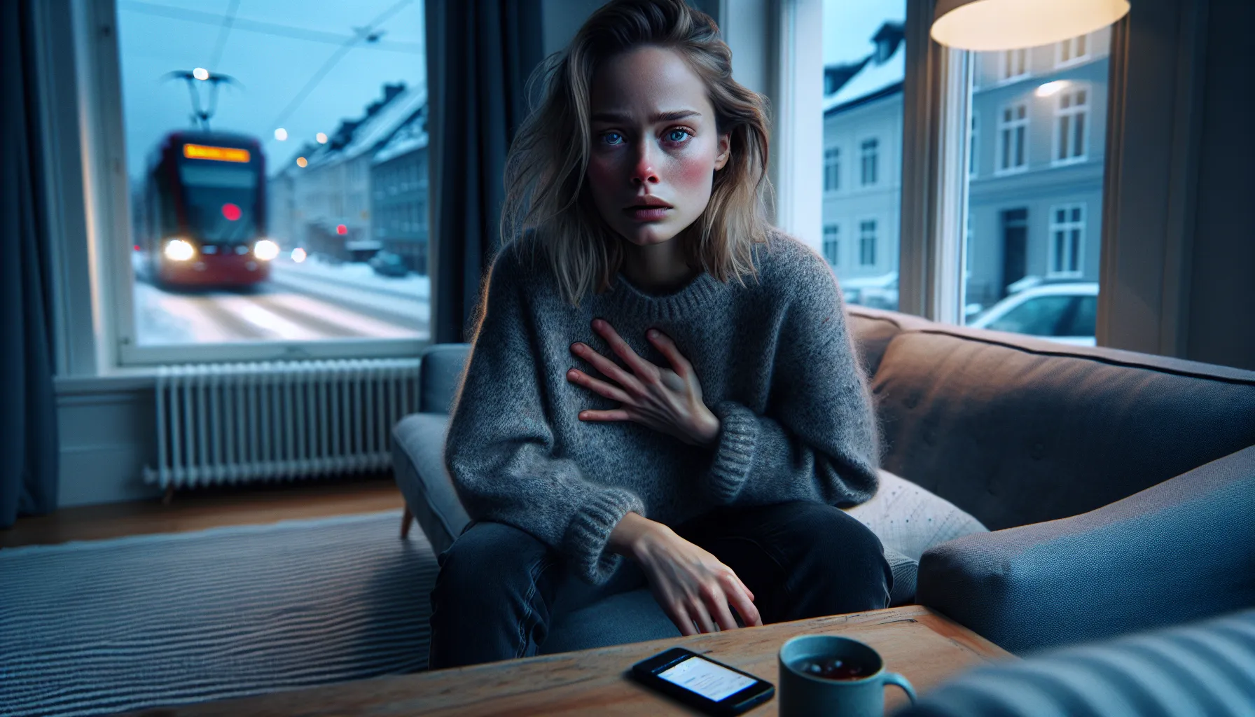 Young woman with anxiety symptoms in an oslo apartment on a winter evening.