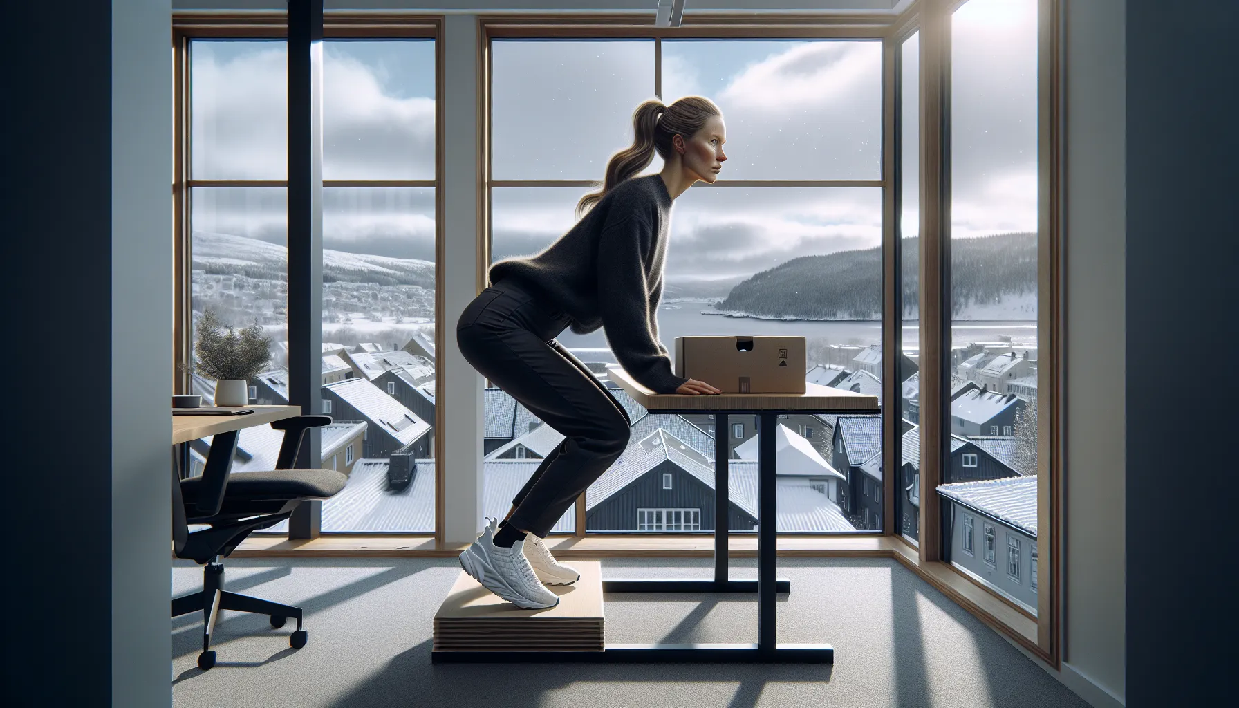 De vanligste årsakene til ryggsmerter og hvordan du kan forebygge dem 3 Norwegian office worker lifting a box correctly beside an ergonomic desk.