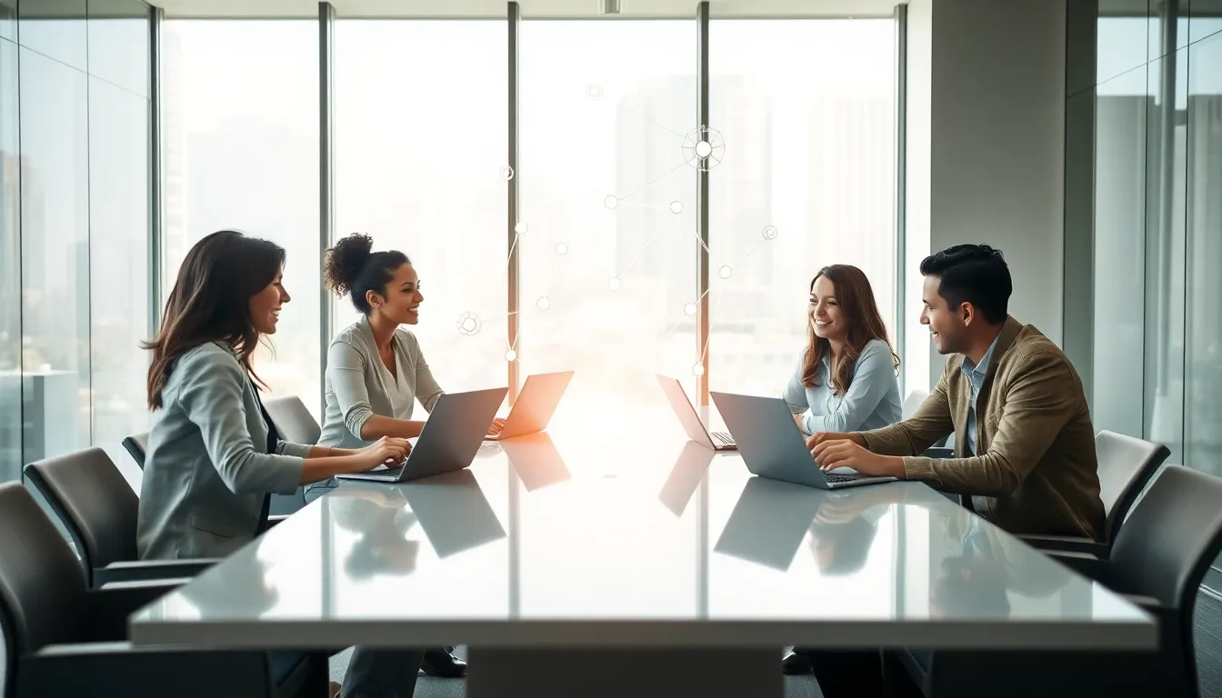 diverse professionals collaborating in a modern office setting.