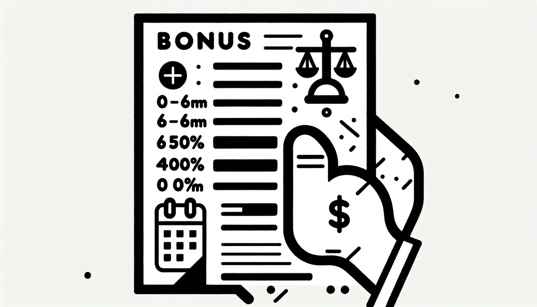 Line art of a bonus contract showing a repayment schedule, calendar, and scale of Veterinary Bonus and Repayment Clause Review.