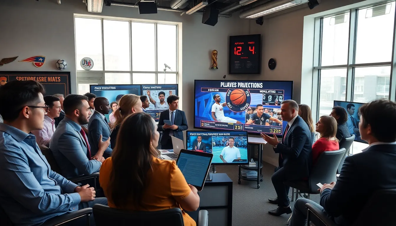 sports analysts discussing trending topics in a modern newsroom.