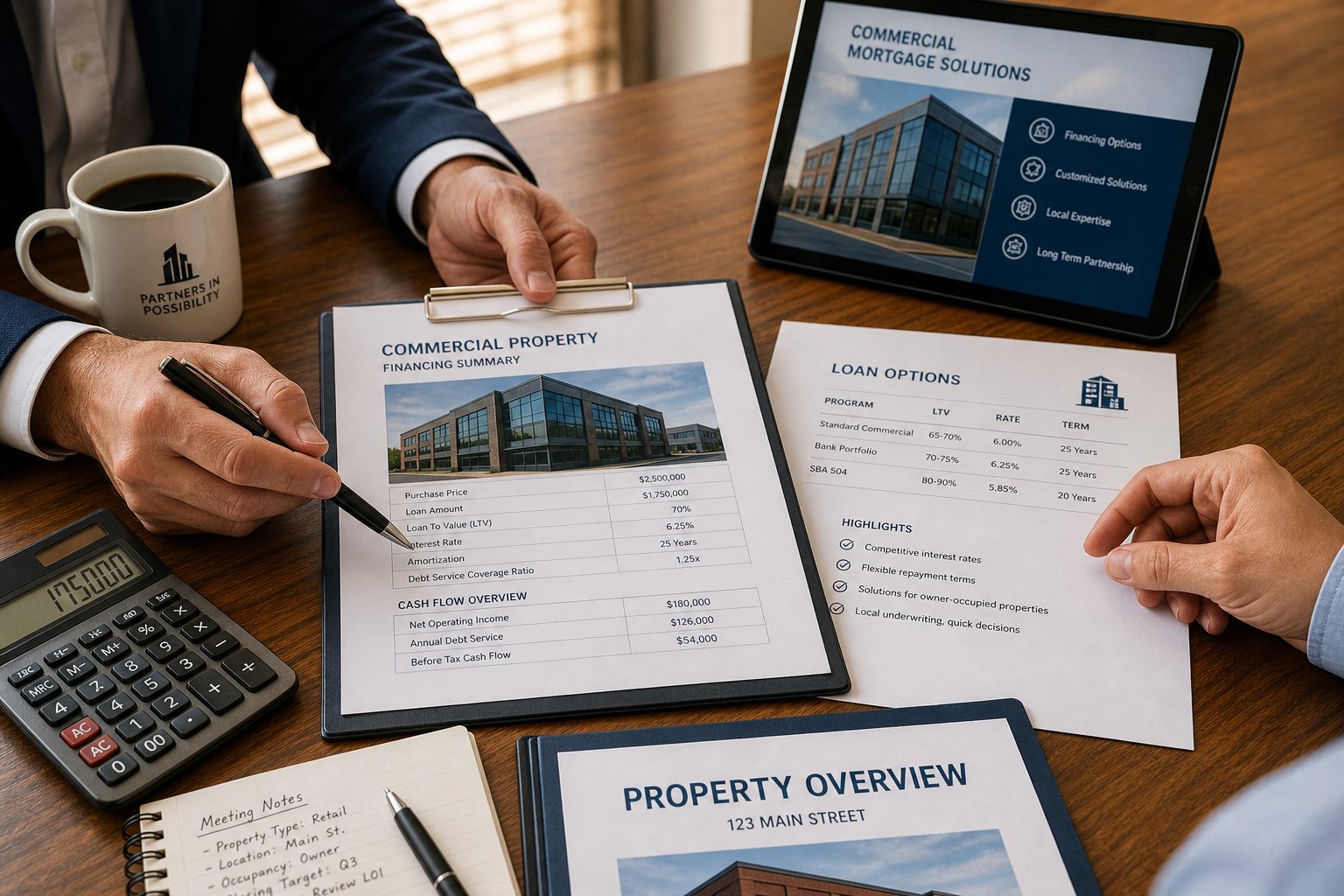Close-up of commercial mortgage paperwork, calculator, tablet, and coffee on a desk.