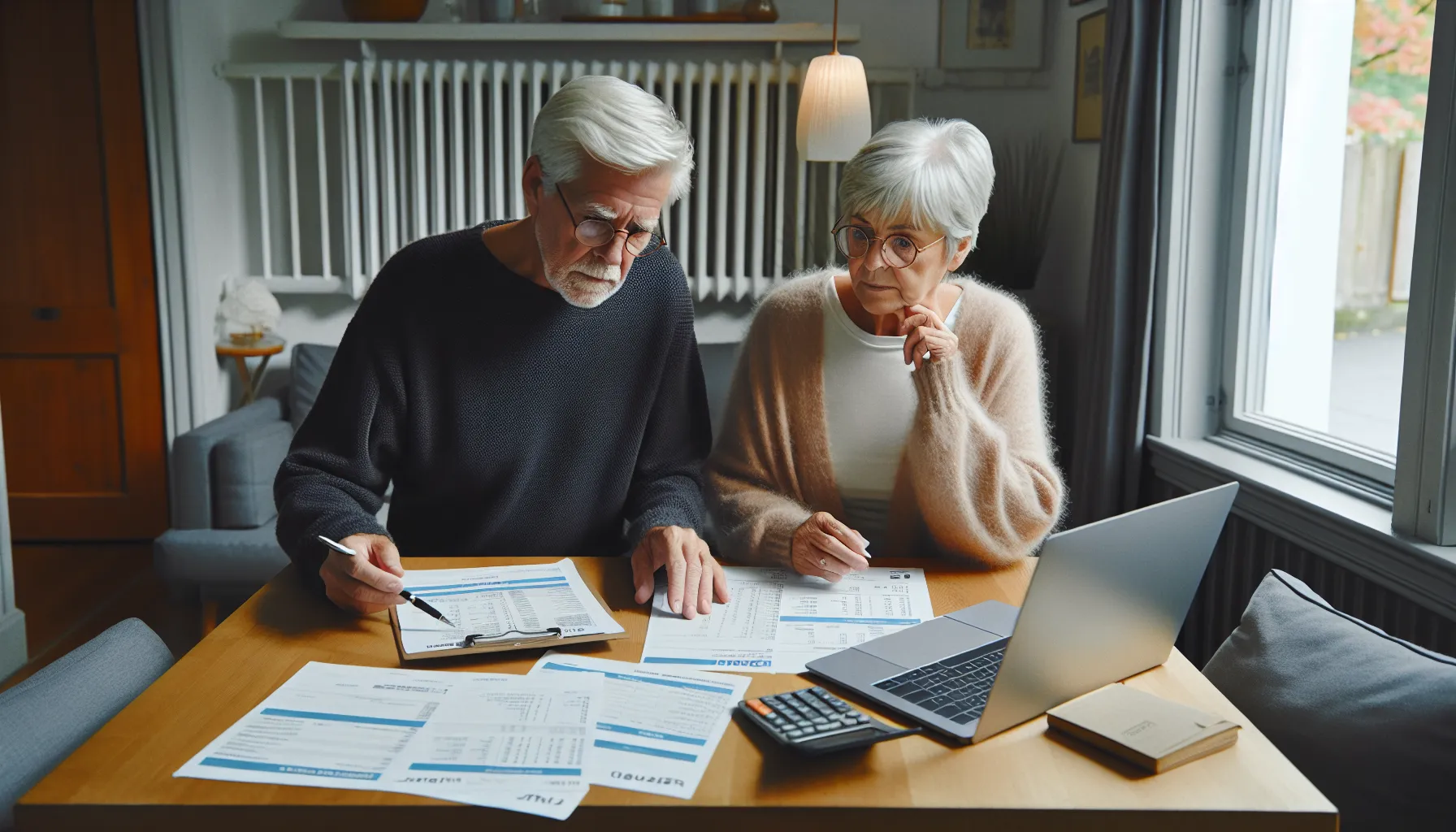 Elderly norwegian couple reviewing housing bills and downsizing options at their dining table.