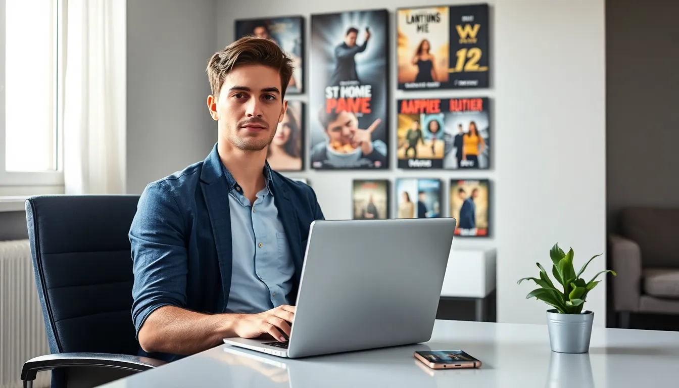 person using a laptop to stream movies in a modern office.