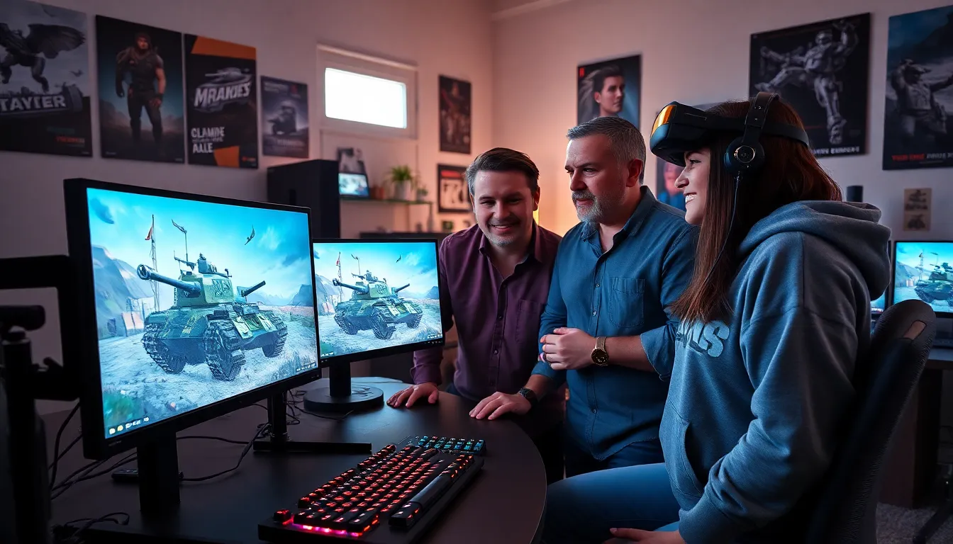 game developers collaborating on the Tank Rapid Trailer project in a studio.