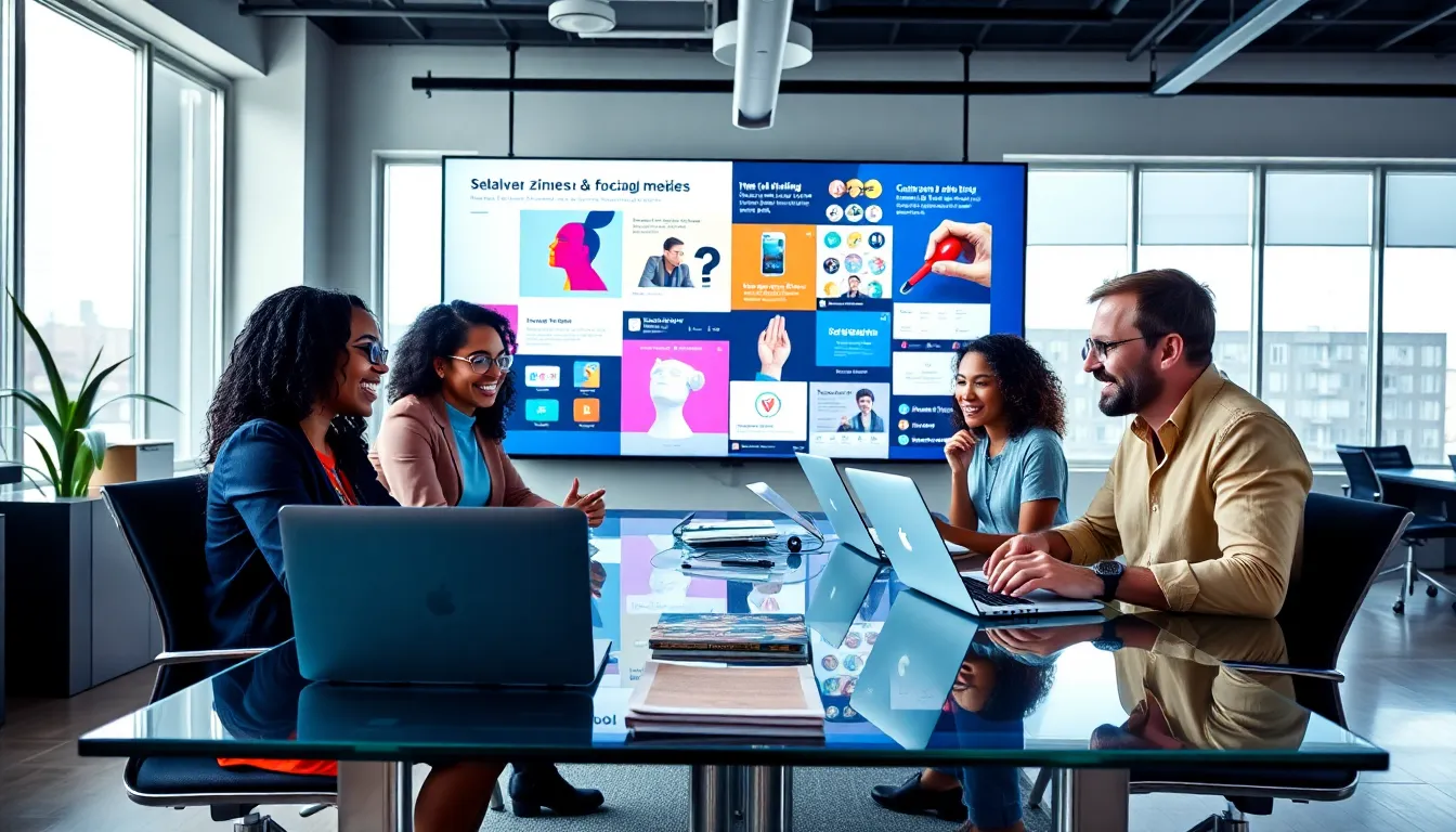 diverse team collaborating on creative projects in a modern workspace.