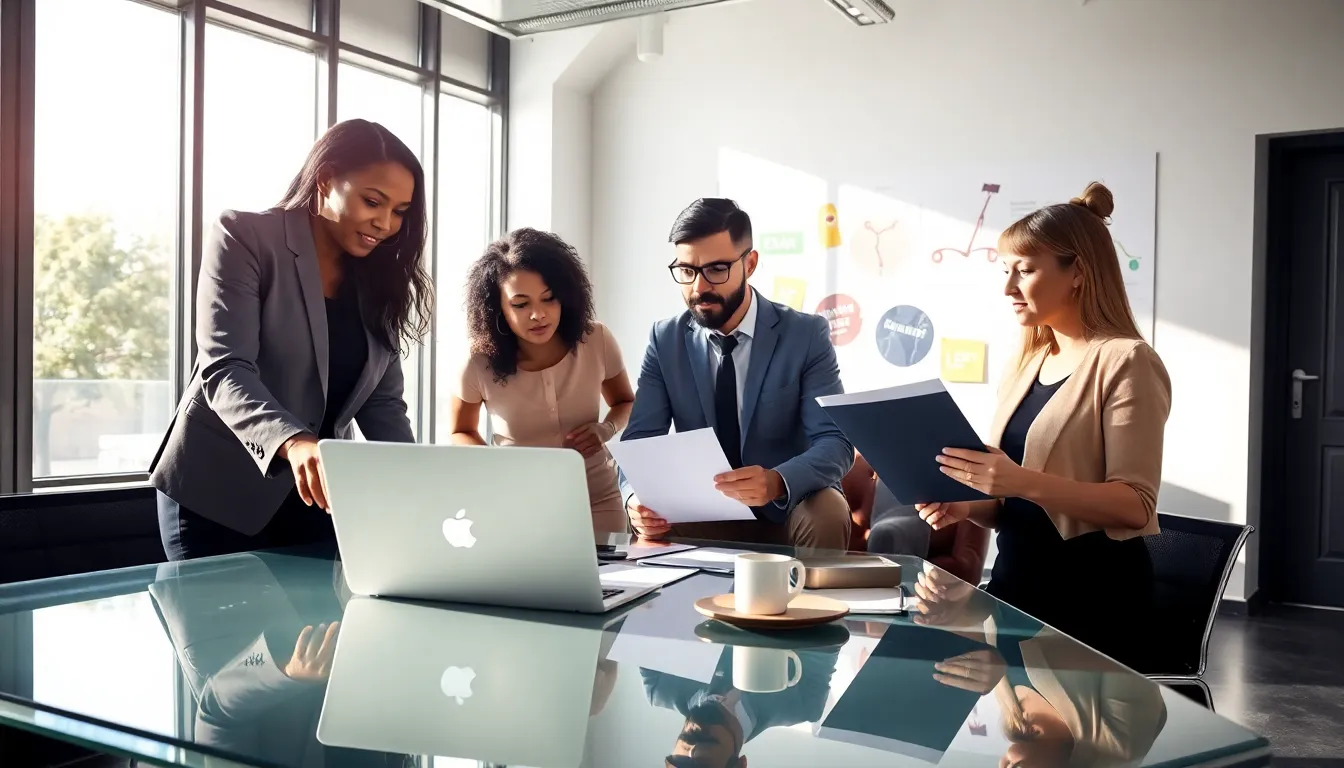 diverse team discussing event planning in a modern office.