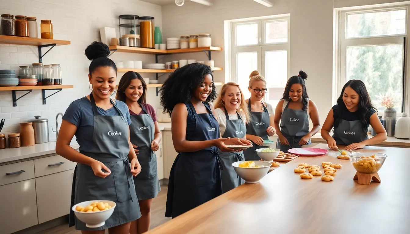 diverse bakers joyfully preparing cookies in a bright kitchen.
