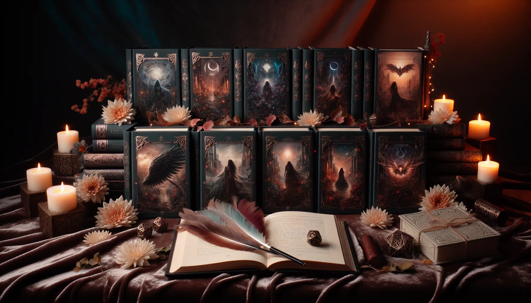 Flat lay of *A Court of Thorns and Roses* book series in order.