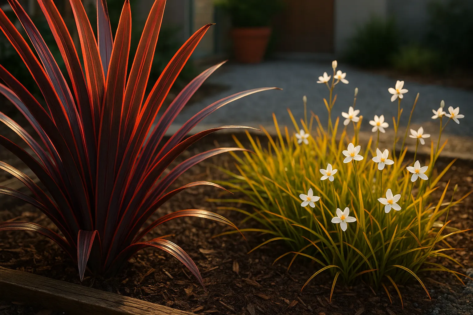 Phormium 'Jester' with striped leaves beside gold-toned Libertia with white flowers.