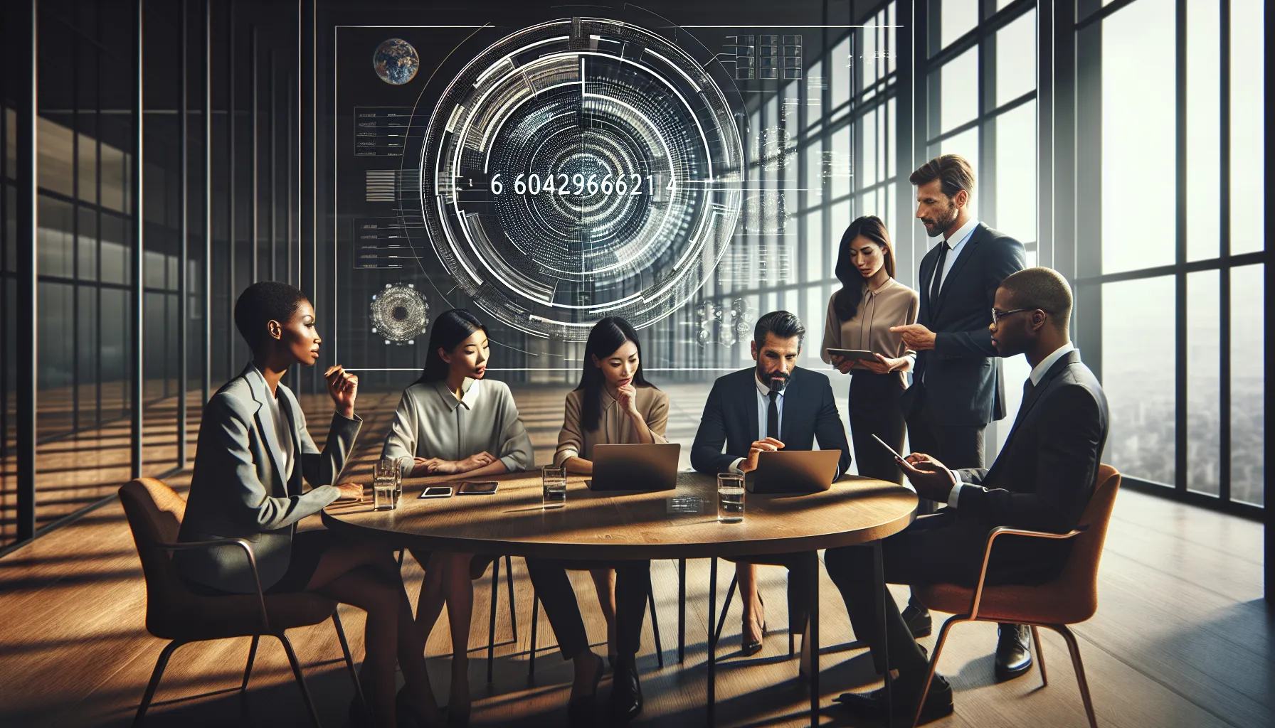 diverse team collaborating over a digital display of a significant number.