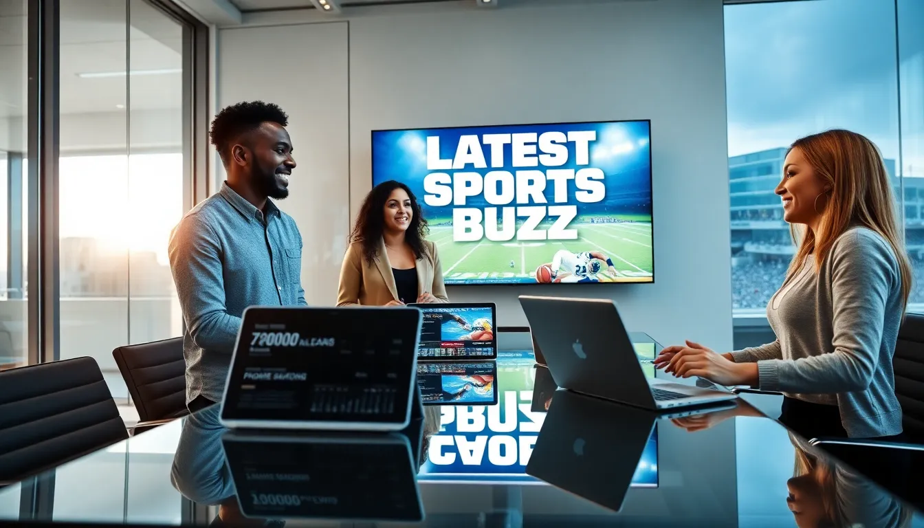diverse team discussing sports news in a modern office setting.