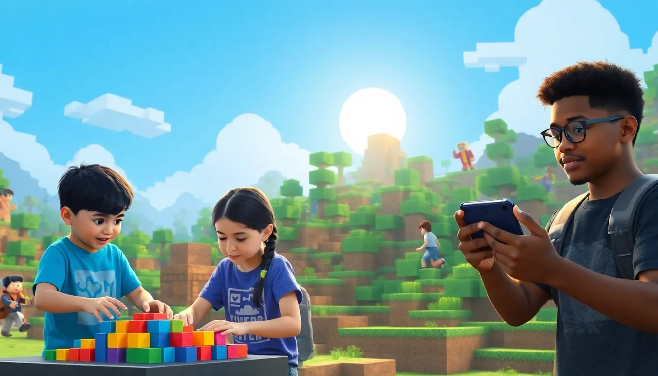 diverse players creating mini-games in a vibrant Minecraft landscape.