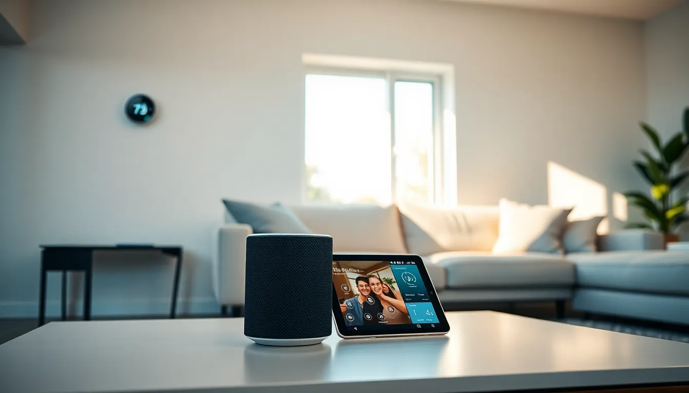 modern living room with smart home technology and a tablet.