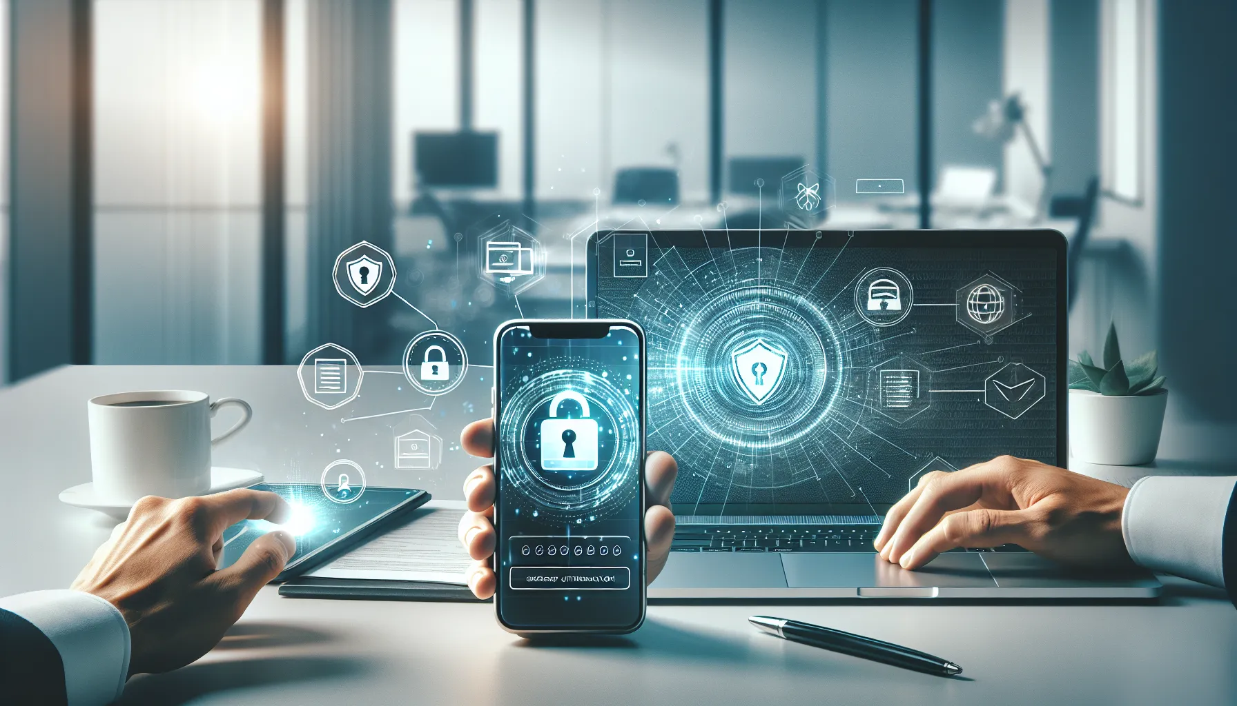 Smartphone displaying authenticator app with security elements in modern office workspace.