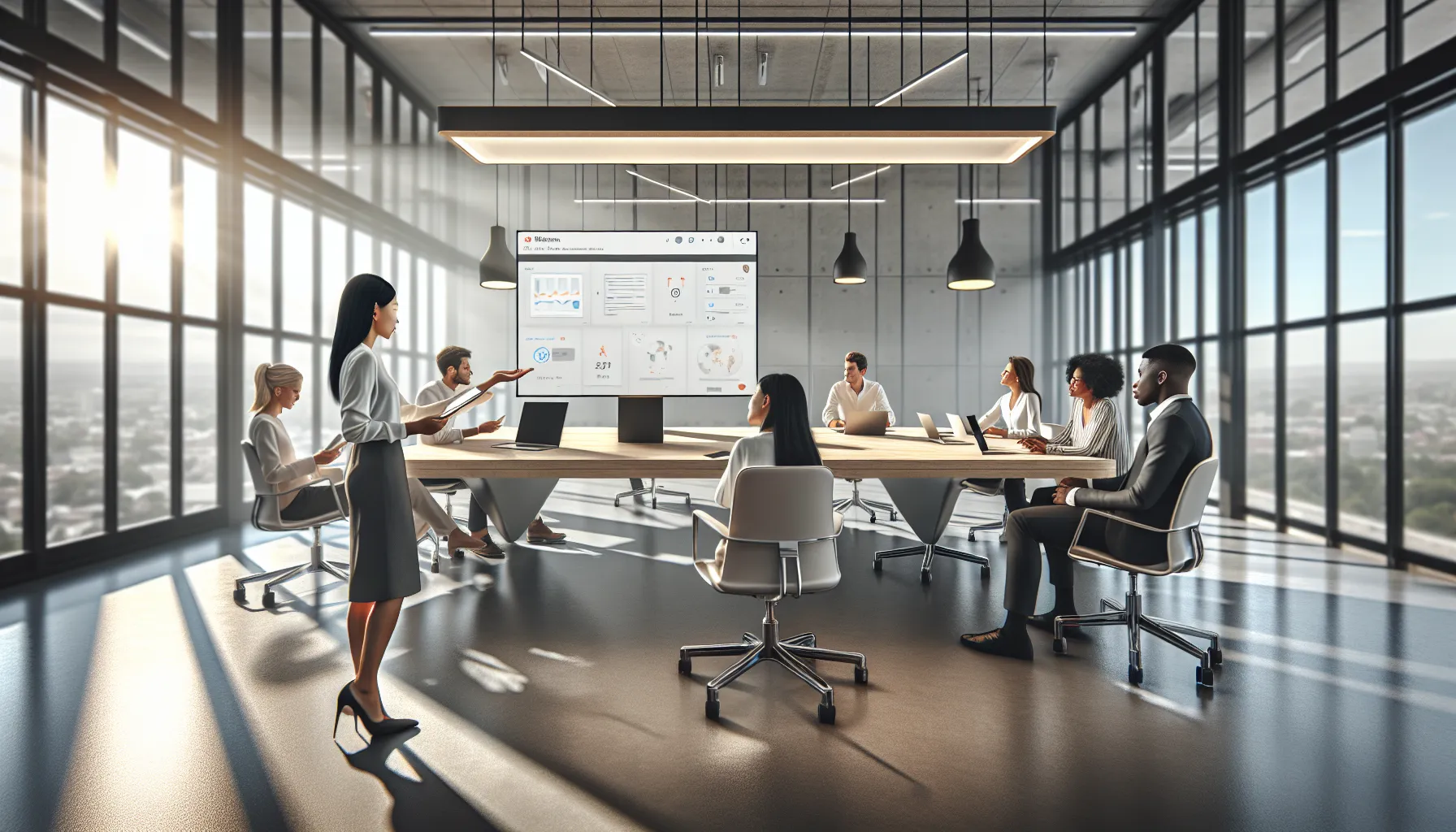 diverse team collaborating using Meetshaxs software in a modern office.