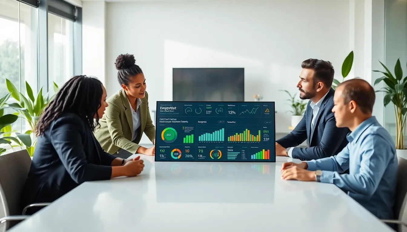 diverse team discussing green tech innovations in a modern office.