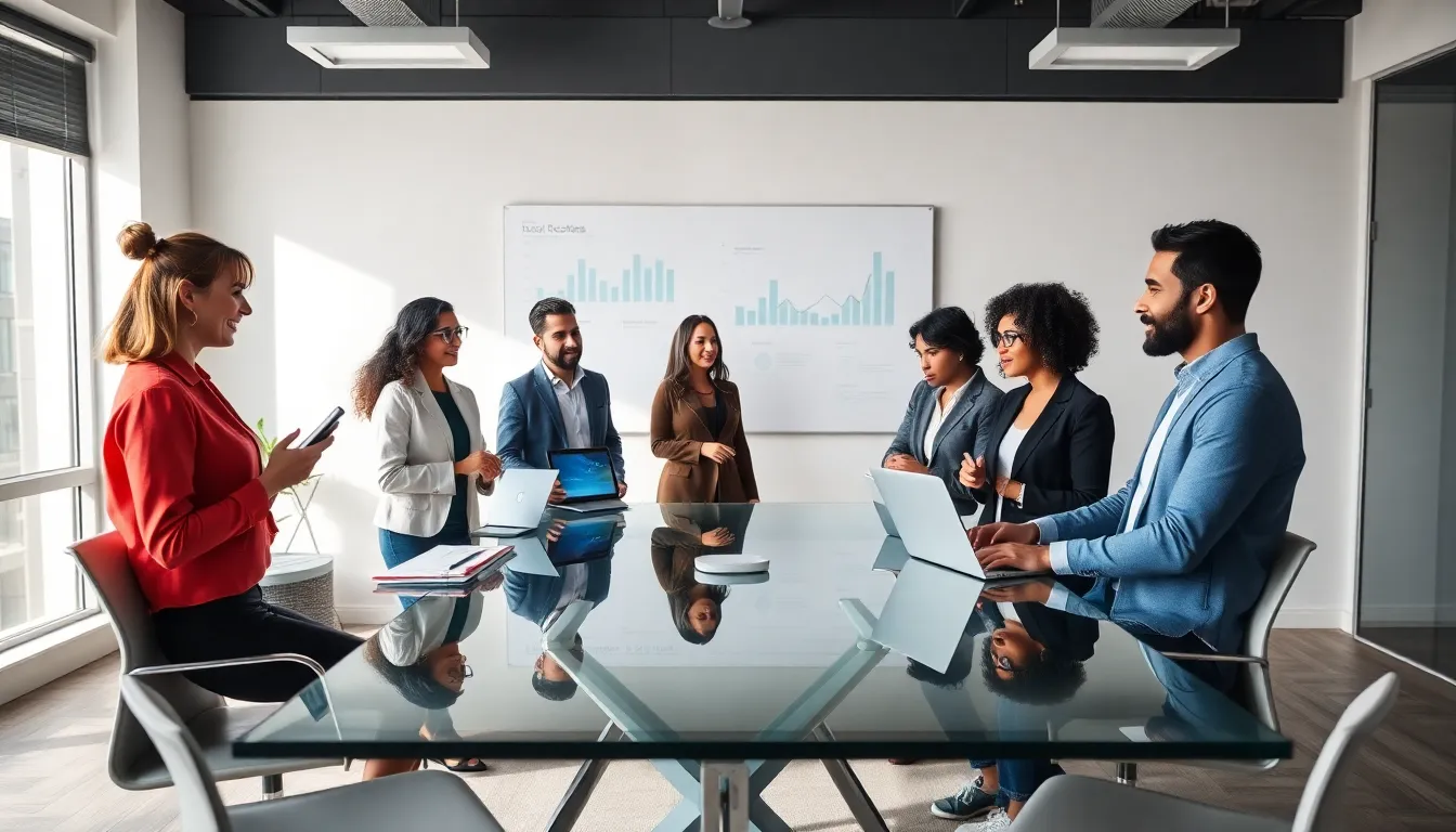 diverse professionals collaborating in a modern office setting.