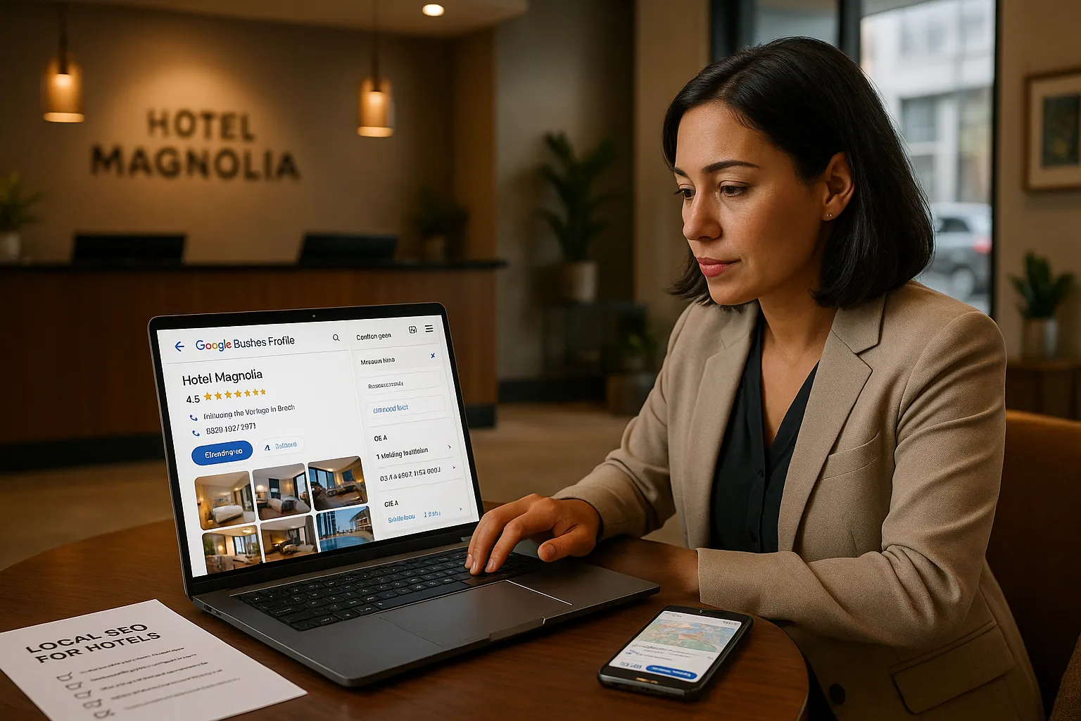 Hotel marketer updating a Google Business Profile for better local SEO visibility.