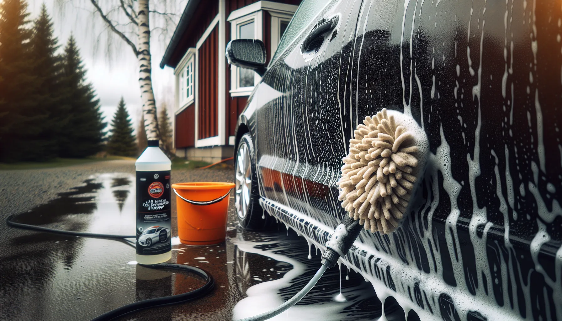 Hvordan velge riktig bilshampoo for din bil 1 Gloved hand washing a dark car with ph-neutral foamy shampoo.