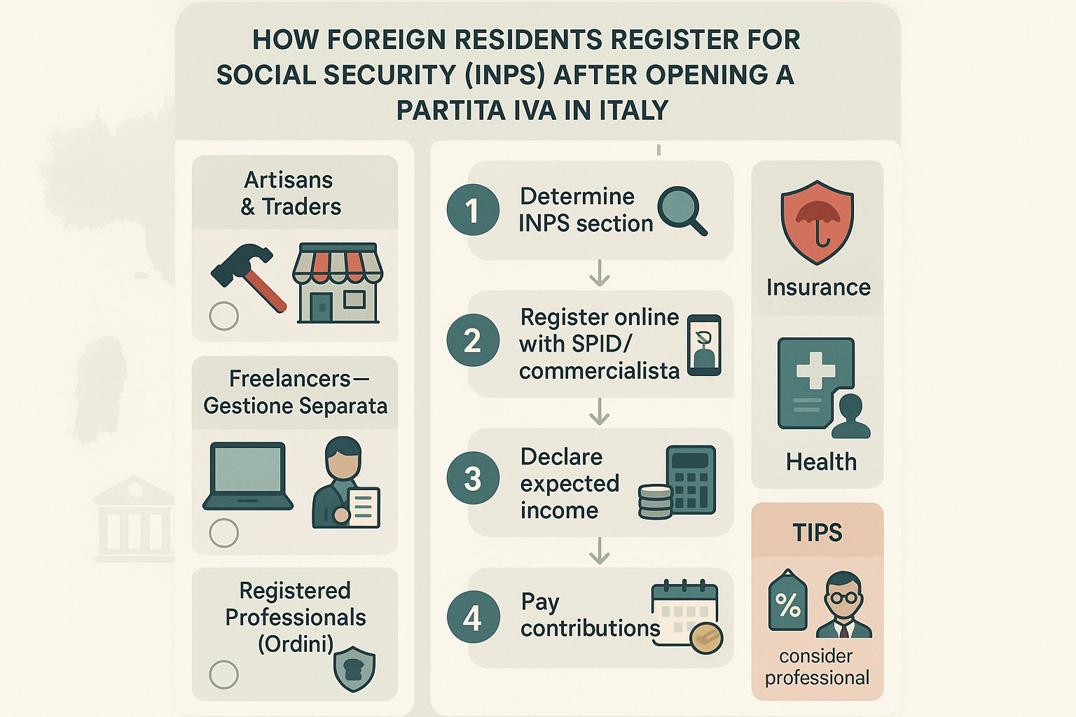 Infografica che mostra i passaggi di registrazione INPS e suggerimenti assicurativi dopo l'apertura della Partita IVA in Italia.