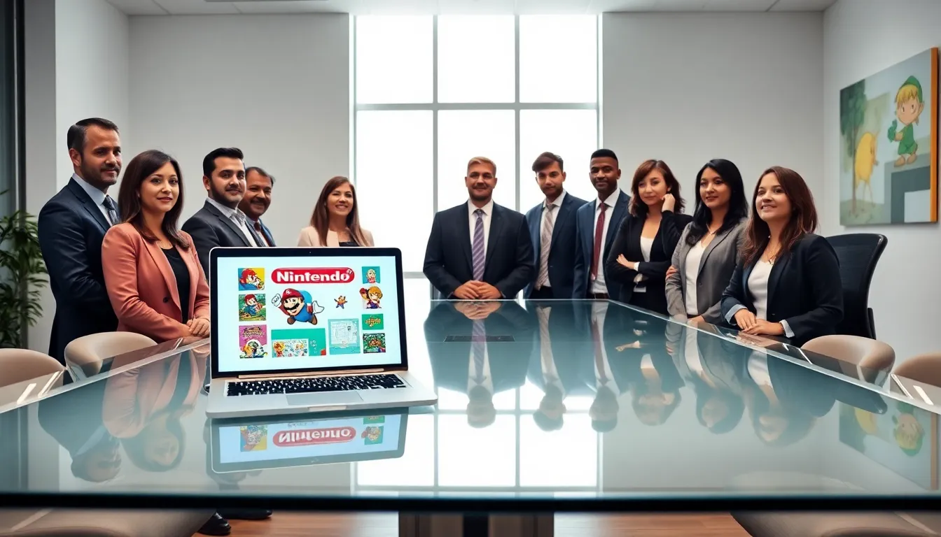 group of professionals discussing Nintendo's gaming history in a modern office.