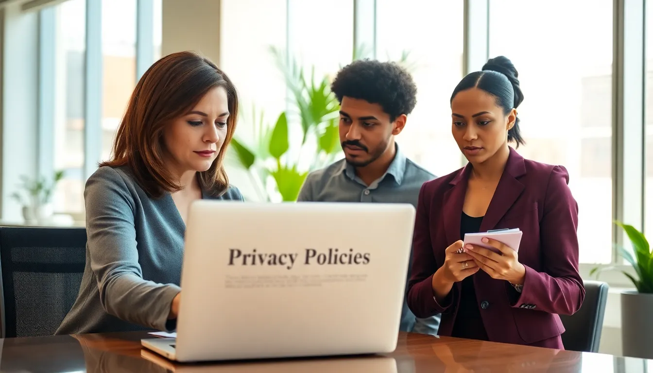 a diverse group discussing a privacy policy in a modern office.