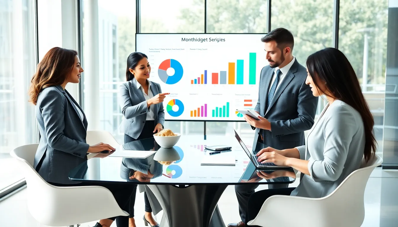 team discussing monthly budget categories in a modern office.