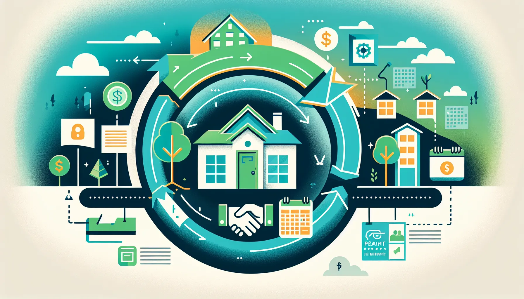 diagram showing the rent collection process with landlords, tenants, and payment cycles