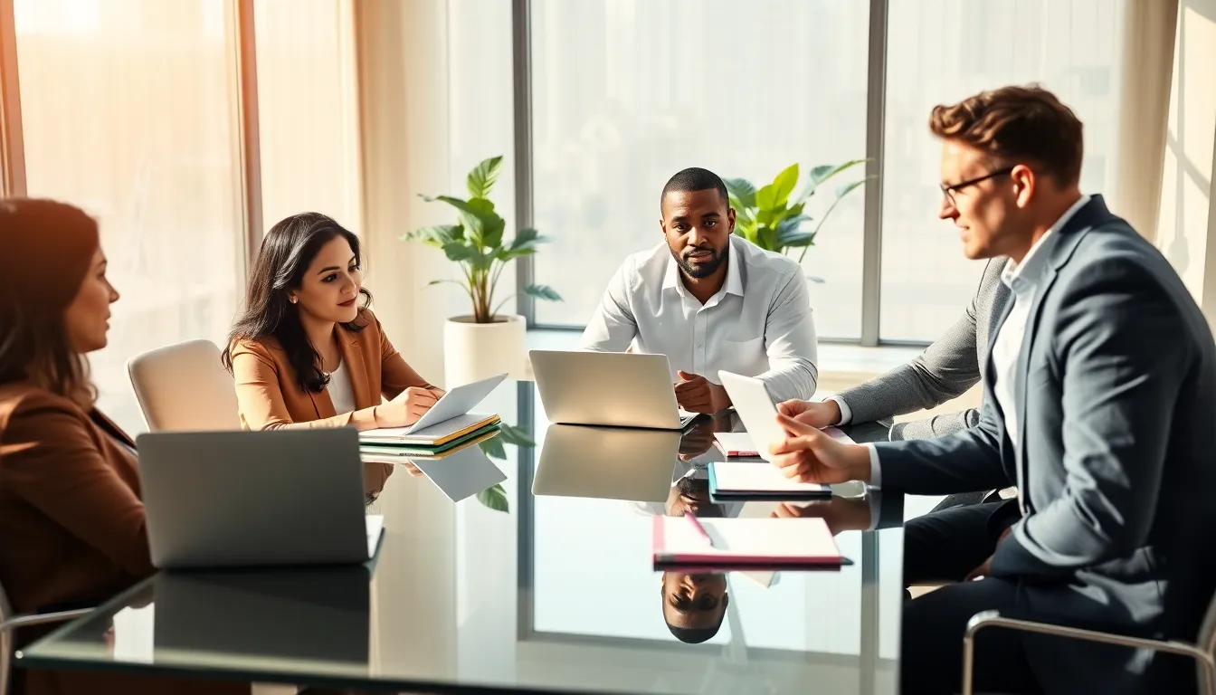 diverse professionals discussing wealth building strategies in a modern office.